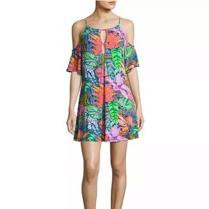 Trina Turk “Tropical Escape” cold shoulder dress